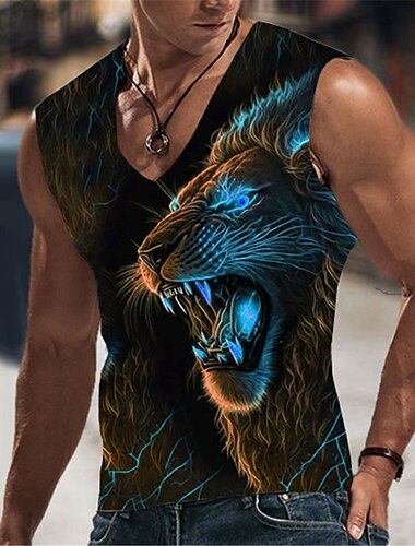  Herre Grafisk Dyr Løve Vest Top Ærmeløs T-shirt til mænd Uden ærmer T-shirt 3D-udskrivning V-hals Skjorte Designer Afslappet Muskel Sport Løb Træningscenter Blå Orange Grøn Forår sommer Tøj S M L XL