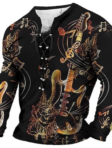 Męskie Podkoszulek Graficzny Gitara Instrument muzyczny Kołnierz Odzież Druk 3D Codzienny Wyjściowe Długi rękaw Wiązanie Nadruk Moda Designerskie Wygodny