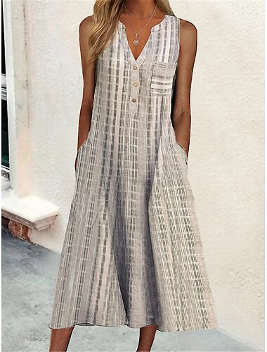  Femmes Robe Midi Robes en coton et lin Robe débardeur Robe d'été Robe Imprimée Actif Mode Extérieur Quotidien Week-end Coupe Ample Plaid Sans manches Col en V Noir Rose Claire Bleu Violet Ét