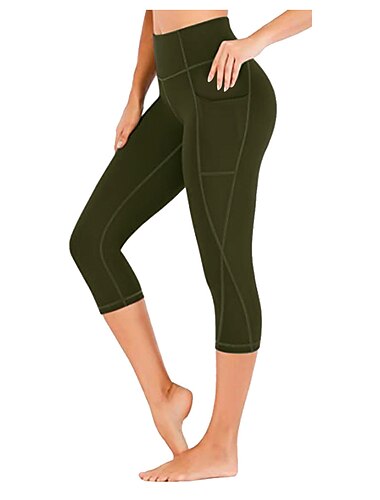  Damen Capri Leggings Seitentaschen Bauchkontrolle Po-Lifting Hohe Taille Yoga Fitness Fitnesstraining Unterteile Schwarz Weiß Burgund Spandex Sport Sportkleidung Hohe Elastizität Schmaler Schnitt