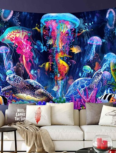  arazzo a luce nera reattivo ai raggi UV fosforescente festa fluorescente neon medusa marino psichedelico psichedelico nebbioso arazzo appeso arte murale per soggiorno camera da letto