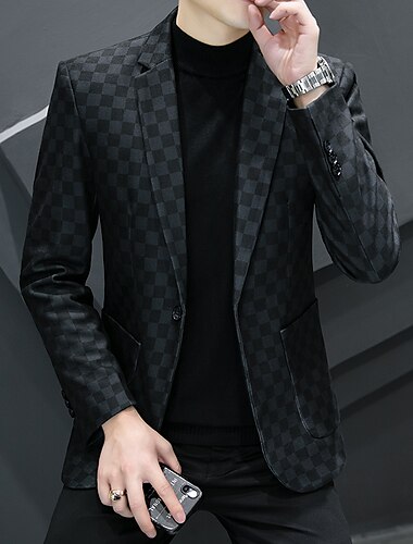  Veste blazer décontractée à carreaux pour hommes, coupe standard, géométrie, simple boutonnage, un bouton, noir, blanc, 2024