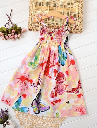  kinderkleidung Mädchen Blumenkleid Blumen Ärmellos Casual Aktiv Täglich Baumwolle Knielang Blumenkleid Sommerkleid Sommer Frühling 2-12 Jahre Zitronengelb Schmetterling Grüne Streifen