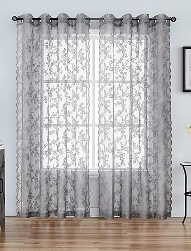  Weiße Spitzenvorhänge Farnhouse Fenstervorhang für Wohnzimmer Schlafzimmer Vintage French Floral bestickte Voile Stangentasche für Gartenbalkon 1 Panel