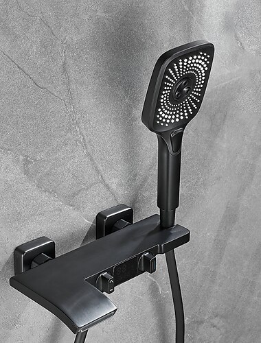  Badewannenarmatur zur Wandmontage mit Handbrausensprüher, LED-Display Wandwannenbrausegarnitur Messingventil Wasserfallauslauf, Einhandmischbatterie im Badezimmer, Handfüller-Duschsystem