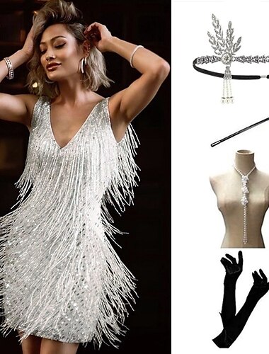  Années Folles Années 1920 Inspiré vintage Robe Charleston Robe Tenues Sans manches Gatsby le Magnifique Invité au mariage Frange à pompons Couleur Unie Franges Col en V Femmes Carnaval Saint-Valentin
