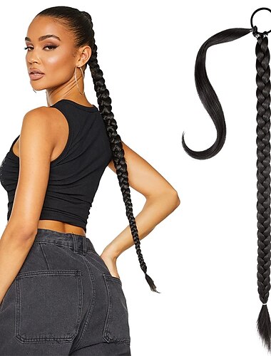  Extensión de cola de caballo trenzada larga con lazo para el cabello, extensiones de cabello envolvente recta, cola de caballo, pieza de cabello sintético suave natural para mujeres