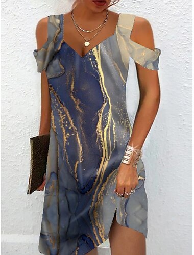  Femme Robe mi-longue Robe t-shirt Robe d'été Robe d'été Robe mi-longue Elégant Robes semi-formelles Vacances du quotidien Soirée Cocktail Standard Impression de marbre Manche Courte Coeur Bleu Poudr
