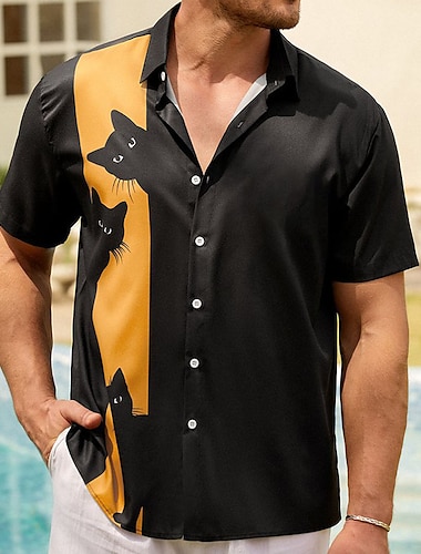  男性用 シャツ ボーリングシャツ ボタンアップシャツ サマーシャツ カジュアルシャツ ブラック 半袖 猫 グラフィック ラペル ストリート バケーション ポケット 衣類 ファッション 1950年代風 レジャー ハワイアン