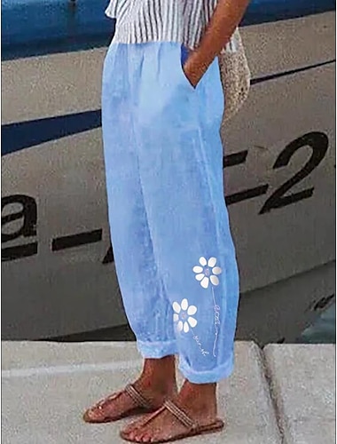  Mujer Chinos Pantalones anchos Sabana de algodon Bolsillos laterales Holgado Estampado Design Media cintura Longitud total Blanco / Negro Verano