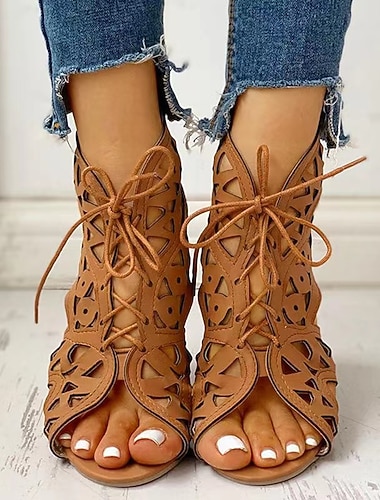  Dame Sandaler Romerske sko Plus størrelse Daglig udendørs Strand Helfarve Sommer Snøring Flade hæle Kigge Tå Årgang Klassisk Afslappet Syntetisk læder Snøre Sort Hvid Brun