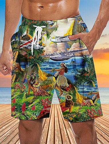  Voor heren Masker Bloem / Planten Lange zwembroeken Zwemshorts Boardshorts Medium Taille Hawaii Etnisch Boho Casual Dagelijks Feestdagen Trekkoord met Mesh-voering Elastische taille Ontwerper Kleding