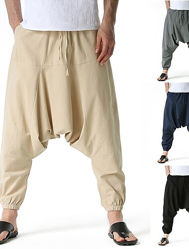  Herr Joggare Linne Byxor Långbyxor Sommarbyxor Harem byxor Snörning Elastisk midja Opressade byxor Slät Utomhus Sport Knelängd Hem Dagligen Helgdag Boho Hippie Lös passning Svart Marinblå
