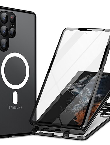  telefon Carcasă Pro Samsung Galaxy S24 S23 S22 S21 Ultra Plus S25 Ultra Celý kryt Magnetické adsorpční pouzdro S Magsafe Přenosná Flip Průsvitné Průhledný Jednobarevné Slitina hliníku Plastický