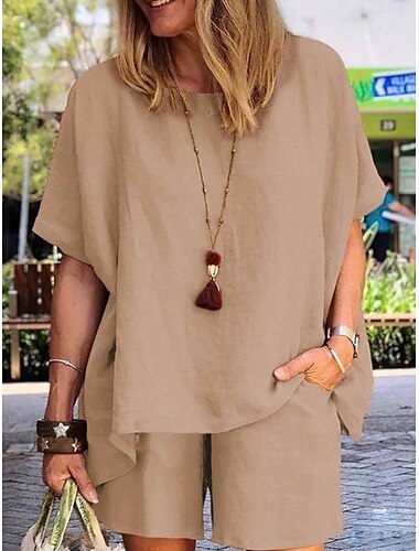  Damen Mode Komfort Weich Leinen-inspirierte Sets Zweiteilige Sets Kurzarm Kurze Hose Rundhalsausschnitt Einfarbig Tasche Elastischer Bund Urlaub Heim Täglich Weiß Armeegrün Khaki Sommer