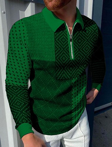  בגדי ריקוד גברים משובץ חולצות פולו עם רוכסן חולצת גולף שרוול ארוך חולצות פולו חולצות עם צווארון וינטאג' יום יומי בגדי נופש לבוש רשמי בגדי פסטיבלים הדפסת תלת מימד רבע זיפ פולו שחור צהוב אודם