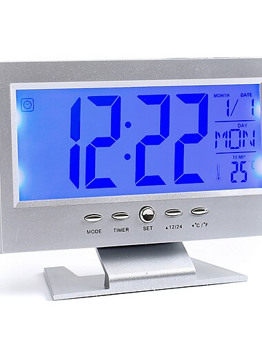  Intelligente Digitaluhr Sprachsteuerung Snooze-Hintergrundbeleuchtung Kreative elektronische Uhr mit Thermometer Wetterstation Anzeige Kalender Studenten-Nachttischwecker Drahtloser