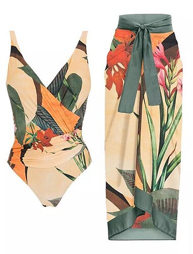  2 pcs Купальники Накидка Swimsuits Ретро В стиле 1980-х Жен. Цветочный принт Полиэстер Зеленый Юбки Цельный купальник