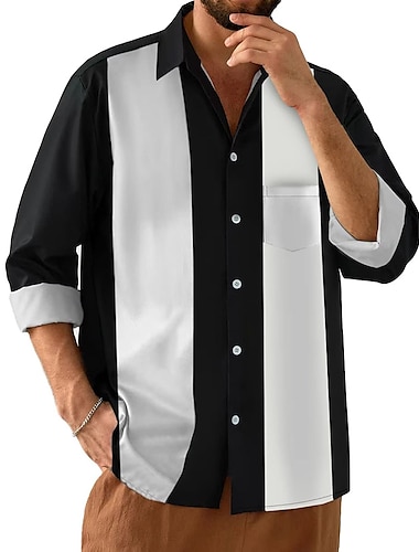  男性用 シャツ ボーリングシャツ ボタンアップシャツ サマーシャツ カジュアルシャツ ブラック 長袖 カラーブロック ラペル ストリート バケーション ポケット 衣類 ファッション 1950年代風 レジャー ハワイアン