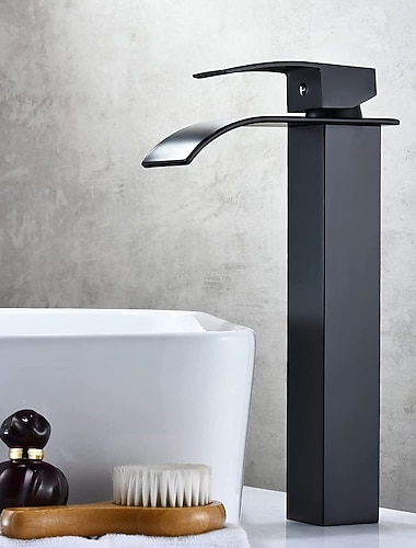  torneira misturadora de pia de banheiro em cascata alta e curta, lavatório mono torneiras de lavatório de manípulo único, banheiro com mangueira quente e fria monobloco vaso de água em latão torneira montada em deck dourado preto