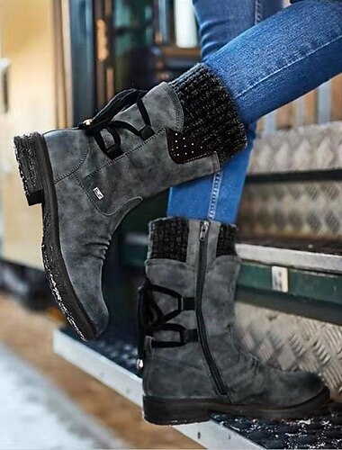  Botas de media pantorrilla de ante gris para mujer con puños de punto y detalle de cordones: elegantes botas de invierno con cremallera lateral y suela resistente