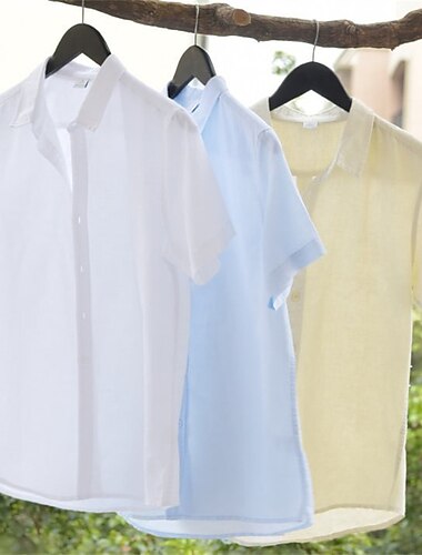  Voor heren linnen overhemd Zomer overhemd Strand Kleding Overhemd met knopen Effen Casual Dagelijks Wit blauw Korte mouw Revers Zomer Kleding Button-omlaag