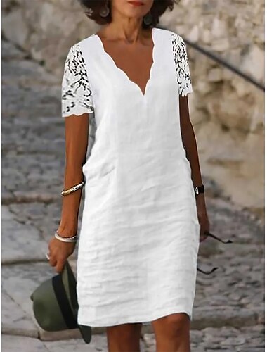  Γυναικεία Λευκό φόρεμα Καθημερινό φόρεμα Φόρεμα από βαμβακερό λινό Μίντι φόρεμα Δαντέλα αντίθεσης Δαντέλα Καθημερινά Διακοπές Λαιμόκοψη V Κοντομάνικο Καλοκαίρι Άνοιξη Λευκό Σκέτο