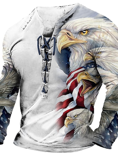  sznurowana męska koszula 3D na dzień niepodległości | biała letnia bawełna | graficzny projektant mody wygodna męska koszulka z nadrukiem 3D, swobodna, codzienna, niebiesko-fioletowa, z długim rękawem