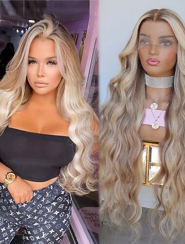 Cabello virgen sin procesar Peluca frontal de encaje 13x4 Corte de cabello en capas Cabello brasileño Peluca rubia ondulada multicolor 130% Densidad 150% Cabello resaltado / balayage Entrada natural