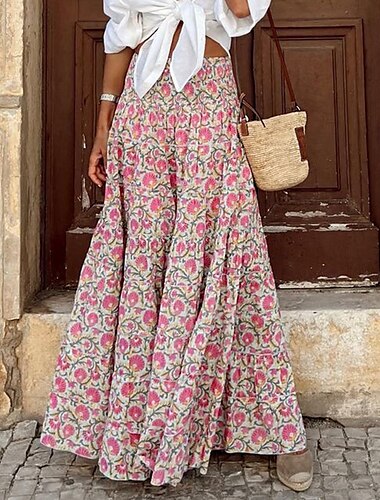  Mujer Columpio Falda larga Bohemia Maxi Faldas Estampado Floral Calle Vacaciones Primavera verano Poliéster Moda estilo costero de la abuela Boho Rosa Rosa