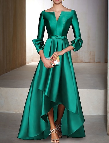  A-Line Evening Gown Elegant Dress Red Green Dress Formal Wedding Guest Floor Length 3/4 Length Sleeve V Neck Satin with Bow(s) 2024