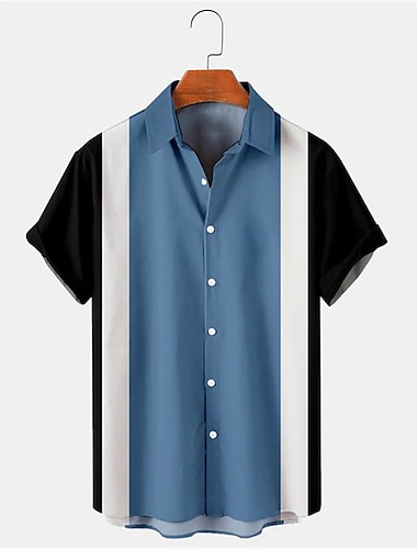  男性用 シャツ ボーリングシャツ ボタンアップシャツ サマーシャツ ブルー 半袖 カラーブロック 折襟 日常 ハワイアン ボタンダウン 衣類 ハワイアン 1950年代風 カラーブロック ヴィンテージ