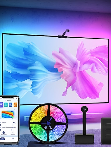  תאורת LED אחורית טלוויזיה LED עם מצלמה 3.8m rgbic wi-fi תאורת טלוויזיה אחורית עבור טלוויזיות מחשב עובד עם אלכסה ו-Google Assistant אפליקציית שליטה מוסיקה סינכרון טלוויזיה אורות ניתנים לעמעום