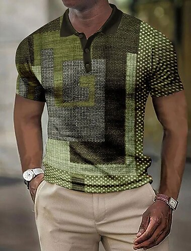  בגדי ריקוד גברים משובץ חולצות פולו וופל חולצת גולף שרוולים קצרים חולצות פולו חולצות עם צווארון וינטאג' יום יומי בגדי נופש לבוש רשמי בגדי פסטיבלים הדפסת תלת מימד כפתורים פול יין חום