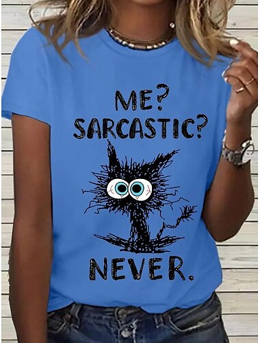  Damen T-Shirt Basic Lustiger Katzen-Buchstabendruck Kurzarm Normale Oberteile Rundhalsausschnitt Tägliches Wochenende Weiß Rosa Blau