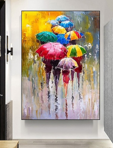  40*60 cm/60*90 cm handgemaakte olieverf canvas kunst aan de muur decoratie de menigte met kleurrijke paraplu's voor home decor uitgerekt frame opknoping schilderen