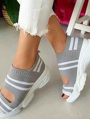  صنادل نسائية رياضية محبوكة بفتحة أمامية مع نعل أبيض سميك وتصميم مخطط، صنادل رياضية ذات منصة قابلة للتنفس للمشي في الصيف والملابس غير الرسمية