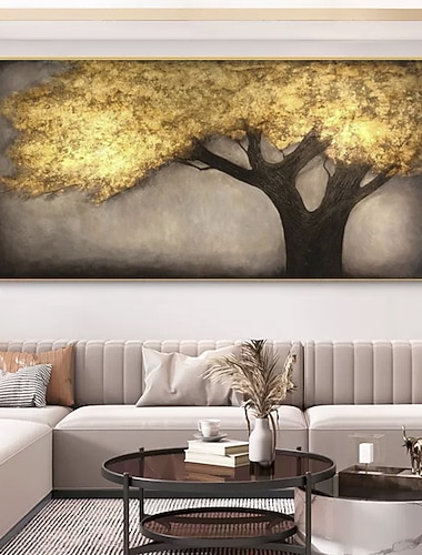  Ölgemälde, handgefertigt, handgemalt, Wandkunst, abstrakte Goldbaum-Leinwandmalerei, Heimdekoration, Dekor, gespannter Rahmen, fertig zum Aufhängen