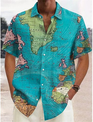  Homme Carte Rétro Vintage Chemise Chemise boutonnée Manche Courte Rétro Vintage Mode Vêtement de rue Plein Air Casual du quotidien Eté Printemps Col rabattu Imprimer Jaune Bleu Gris Bleu clair