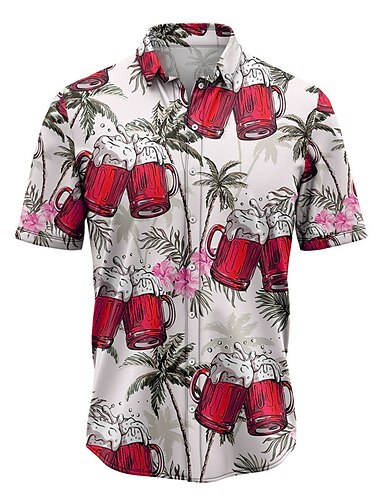  Herren Grafik-Drucke Bier Blätter Hemd Hawaiihemd Sommerhemd Aloha-Shirt Kurzarm Tropisch Modisch Hawaiianisch Strasse Casual Hawaiianisch Sommer Frühling Umlegekragen Bedruckt Button-Down Gelb Rosa