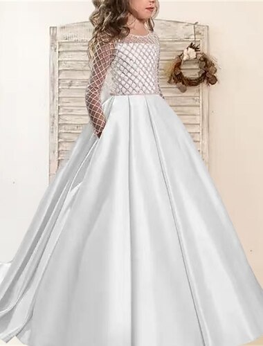  Barn Flickor Flower Girl Klänning Festklänning Ensfärgat Långärmad Prestanda Bröllop Fest Nät Prinsessa Ljuv Maska Mitt på vaden Sheath Dress Tyllklänning Flower Girls Klänning Sommar Vår Höst 2-12 år