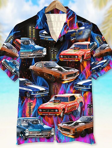  Herre Bil Skjorte Hawaii skjorte Aloha skjorte Kortermet Skjorte Aftæpning Tropisk Mote Hawaiisk Avslappet Strand Hawaiisk Blå Rød Lilla S M L