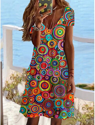  Robe Mini Femme Robe Petite Robe T Shirt Robe Tee Robe d'Été Robe d'Été Mode Active Streetwear Extérieur Vacances Anniversaire Coupe Régulière Imprimé Géométrique Manches Courtes Col en V Arc-en-Ciel