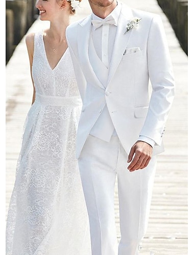 Белые мужские пляжные свадебные костюмы, однотонные костюмы из трех предметов, однобортный костюм на заказ, с двумя пуговицами, 2024 г.