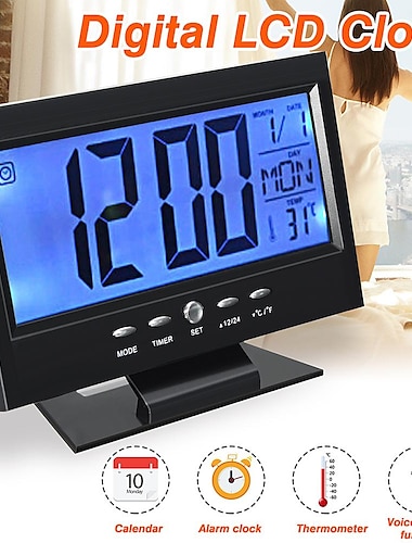  intelligent digitalt ur stemmestyring snooze baggrundsbelysning kreativt elektronisk ur med termometer vejrstation display kalender elev sengekanten vækkeur trådløs temperatur fugtighedsmåler