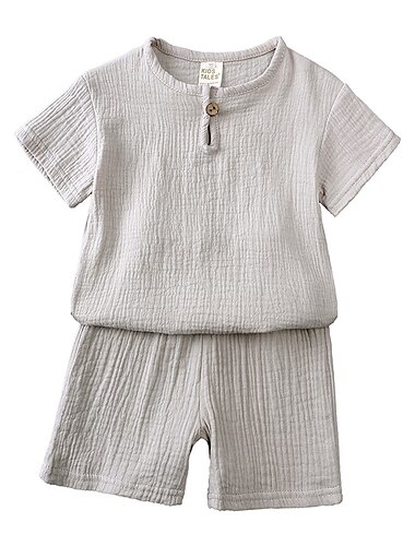  2 Stück Kinder Jungen T-Shirt & Shorts Outfit Einfarbig Kurzarm Leinen Set Heim Täglich Sommer Frühling 3-7 Jahre Weiß Blau Braun