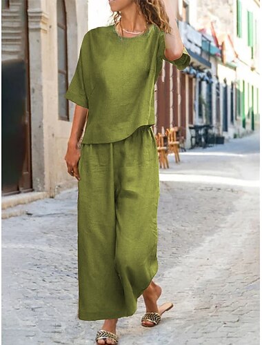  Frauen baumwolle leinen sets zwei stück sets reine farbe heißer casual komfort hause täglichen frühling