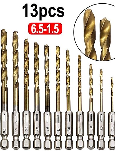  13 stks/set hss titanium gecoate boorset 1/4 zeskantschacht 1/16"-1/4" elektrische boor spiraalboor spiraalboor zeskantschacht 1,5-6,5 mm zeskantige handgreep spiraalboor voor hout, kunststof,
