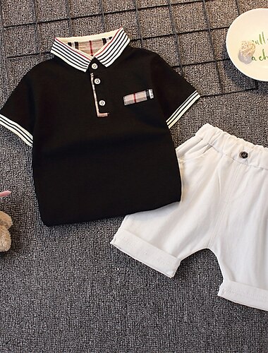 2 Stück Kleinkind Jungen T-Shirt & Shorts Outfit Tiermotiv Cartoon Kurzarm Baumwolle Set Schule Niedlich Täglich Sommer Frühling 3-7 Jahre Sommer PL Streifen - schwarz Sommer PL Musterbär - schwarz
