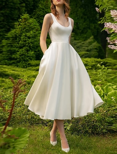  Standesamt Kurze Brautkleider Hochzeitskleider A-Linie U-Ausschnitt Ärmellos Tee-Länge Satin Brautkleider Mit Plissee Einheitliche Farbe 2024